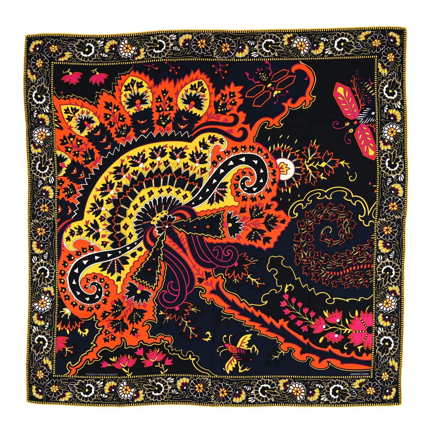 Cashmere Silk Paisley From Paisley Shawl 140 Black Orange Jaune Vif