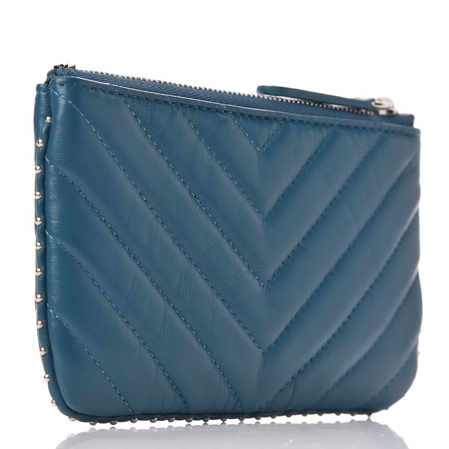 Lambskin Chevron Quilted Studded Small Cosmetic Case Blue