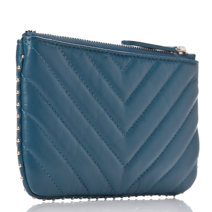 Chanel Lambskin Chevron Quilted Studded Small Cosmetic Case Blue 3 of 7