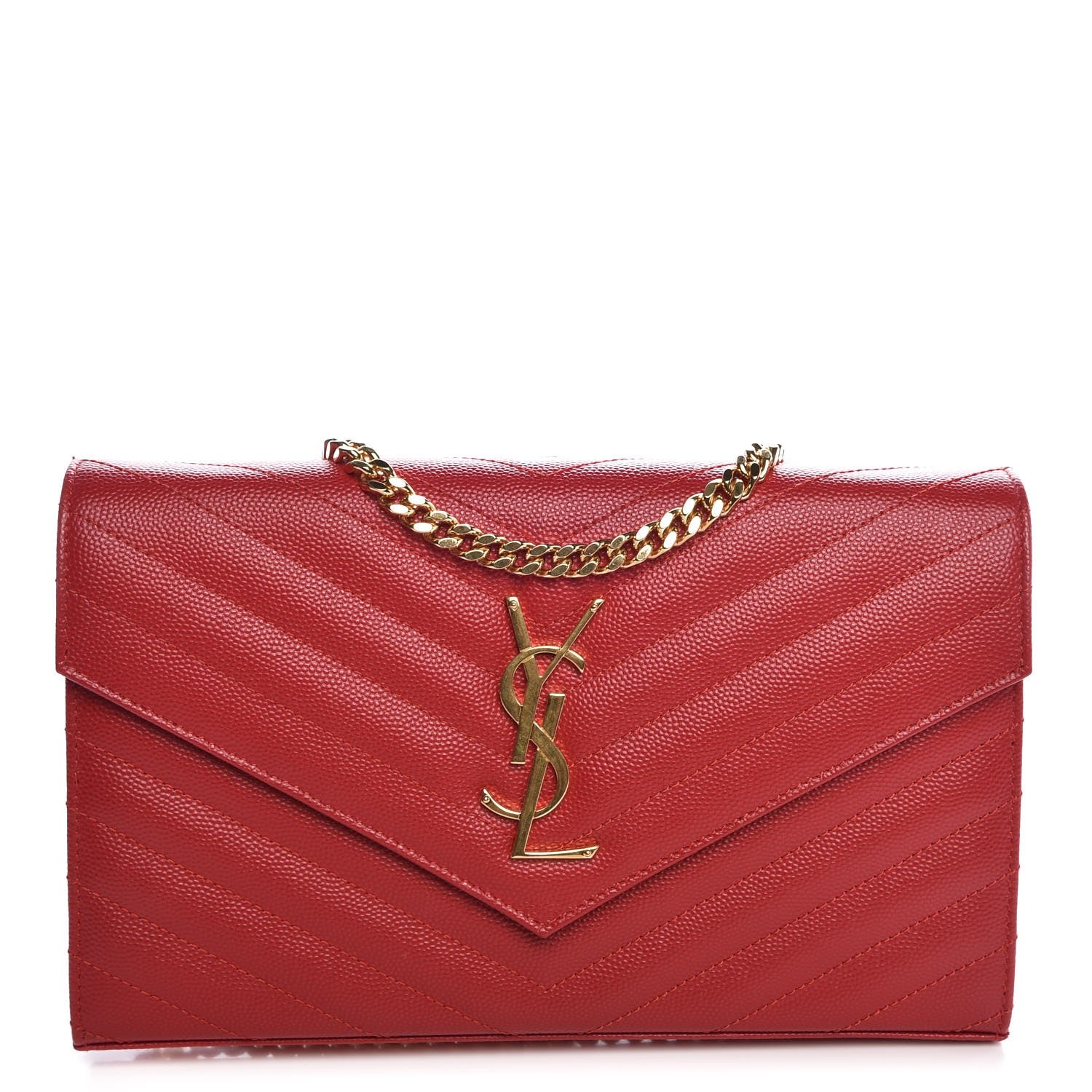 Saint Laurent Grain De Poudre Matelasse Chevron Monogram Chain Wallet New Red 1 of 7