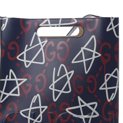 Gucci Calfskin GucciGhost Medium XL Tote Blue Agata Hibiscus Red 8 of 10
