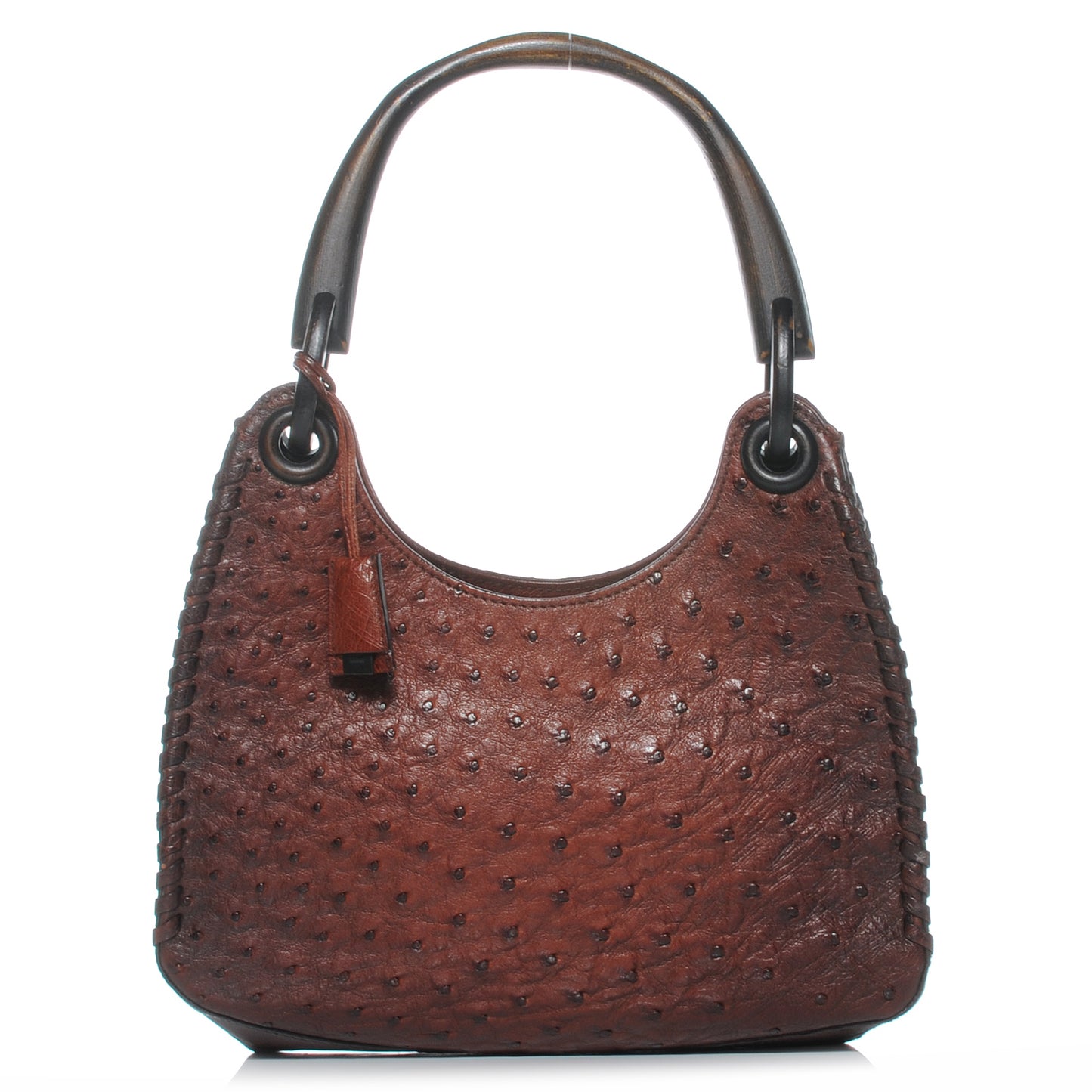 Ostrich Whipstitch Wooden Handle Small Hobo Brown