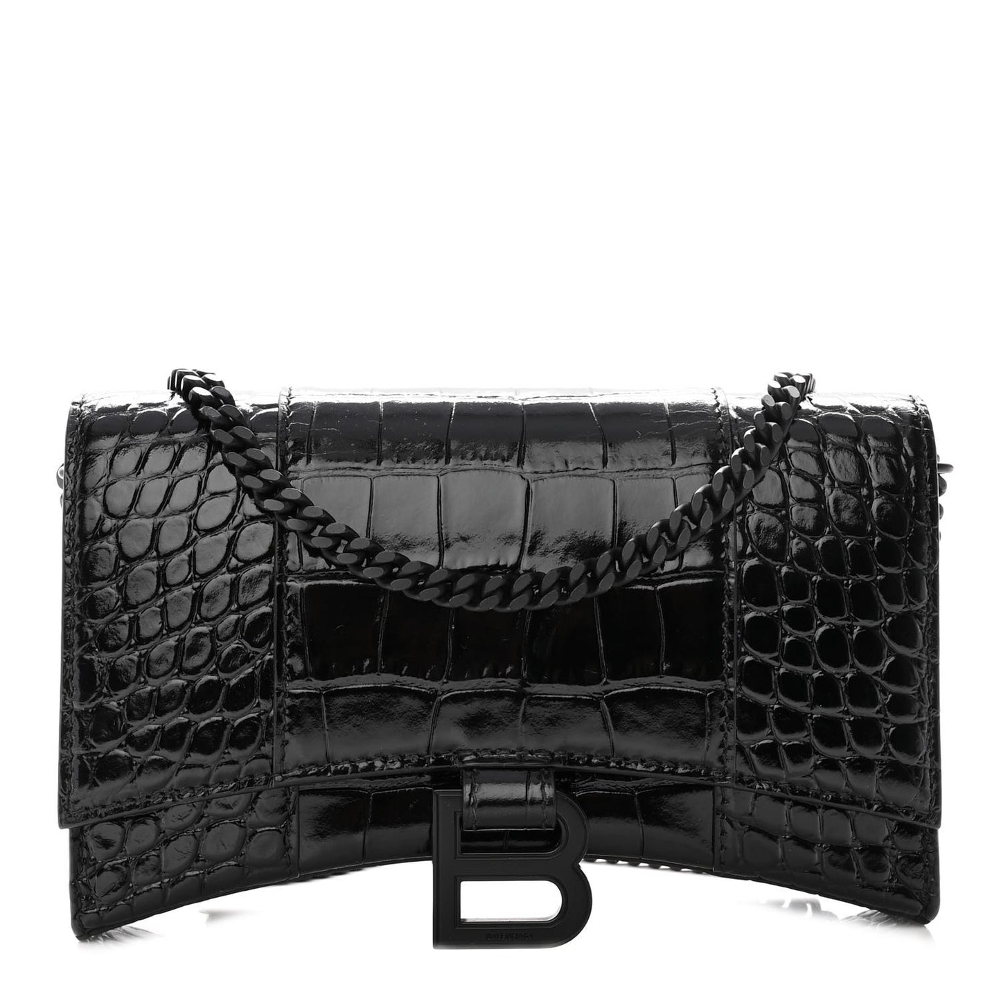 Shiny Calfskin Monochrome Crocodile Embossed Hourglass Chain Bag Black