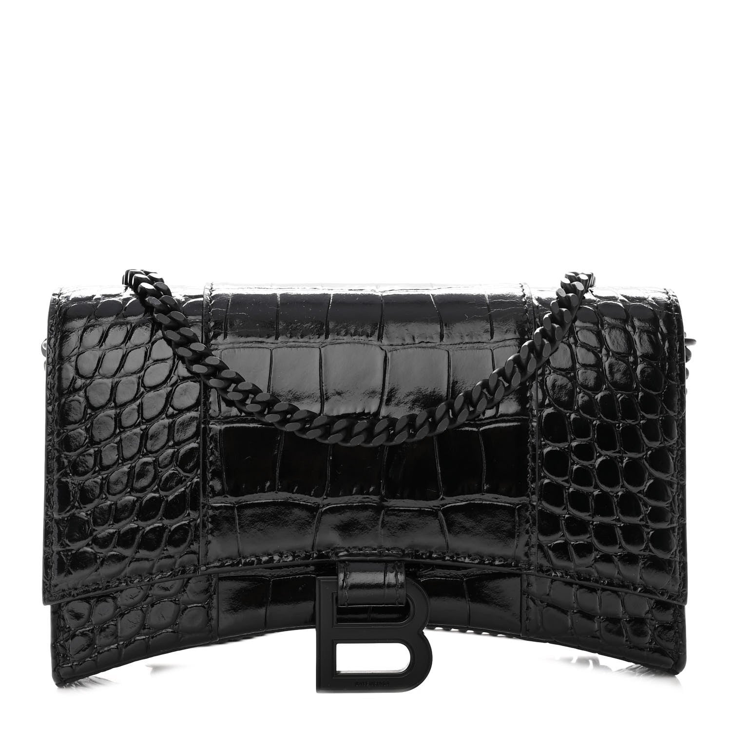 Balenciaga Shiny Calfskin Monochrome Crocodile Embossed Hourglass Chain Bag Black 1 of 9