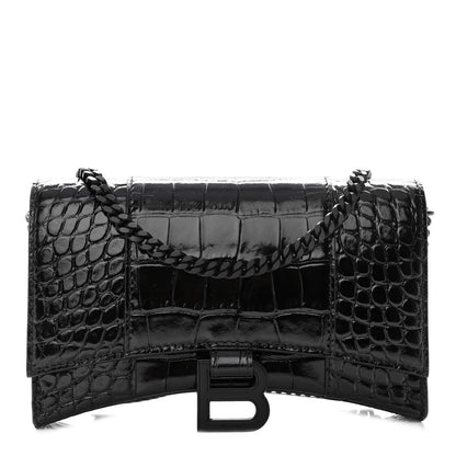 Balenciaga Shiny Calfskin Monochrome Crocodile Embossed Hourglass Chain Bag Black 1 of 9