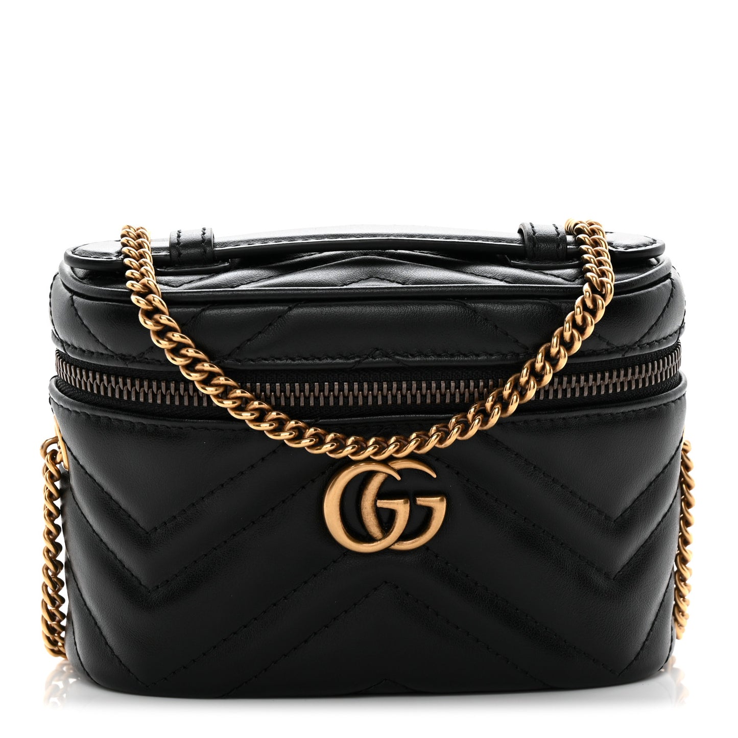 Calfskin Matelasse Chevron Mini GG Marmont Top Handle Bag Black