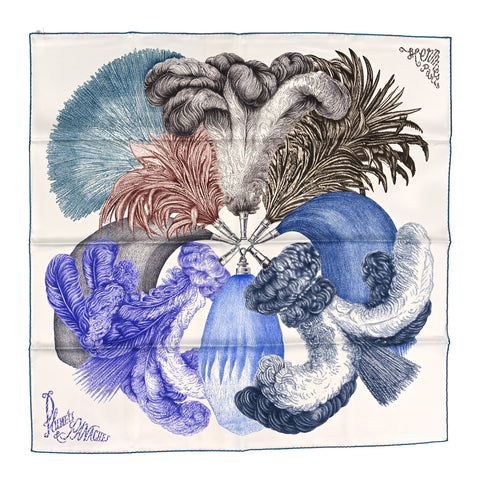 Silk Plumets Et Panaches Scarf 90 White Bleu Brun
