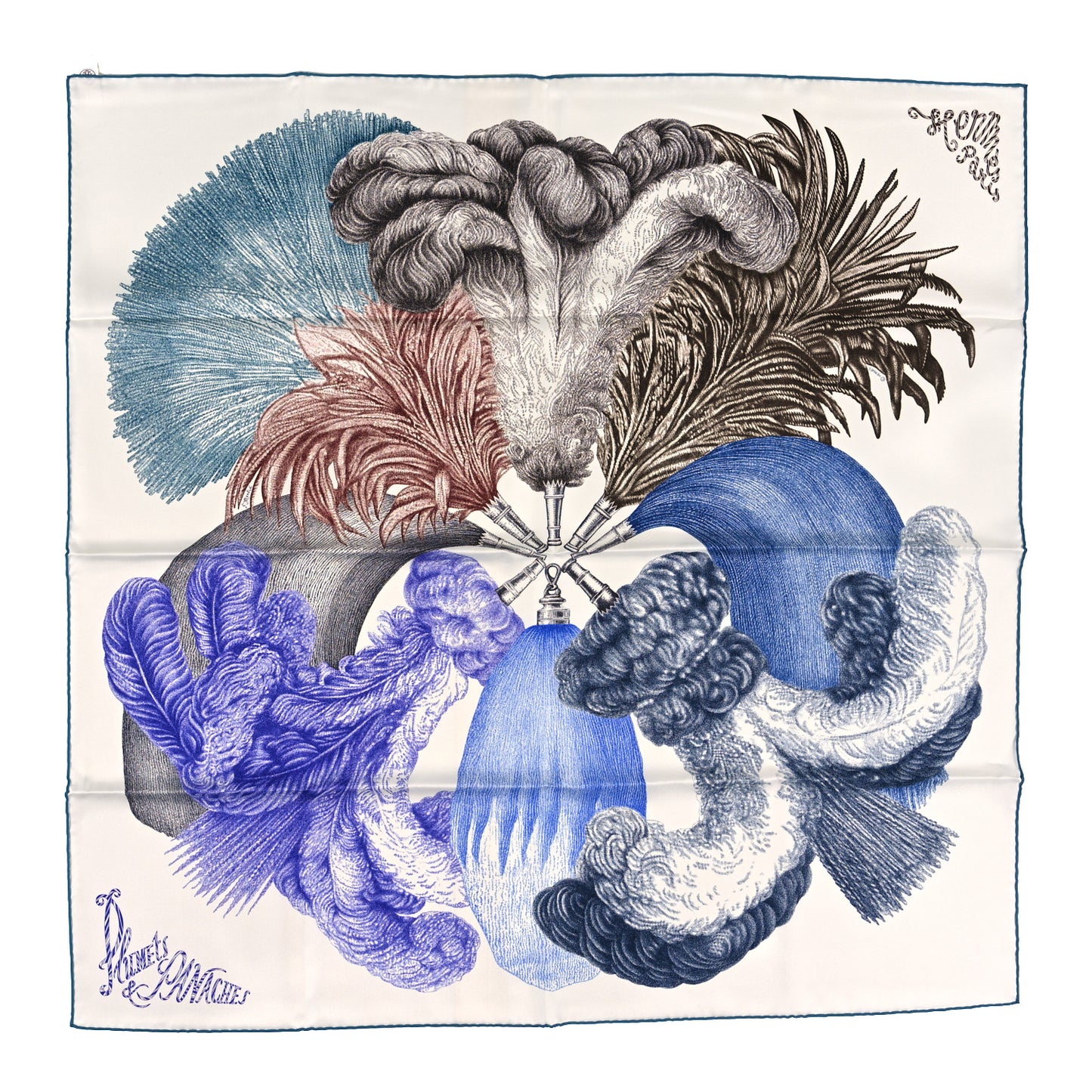 Silk Plumets Et Panaches Scarf 90 White Bleu Brun