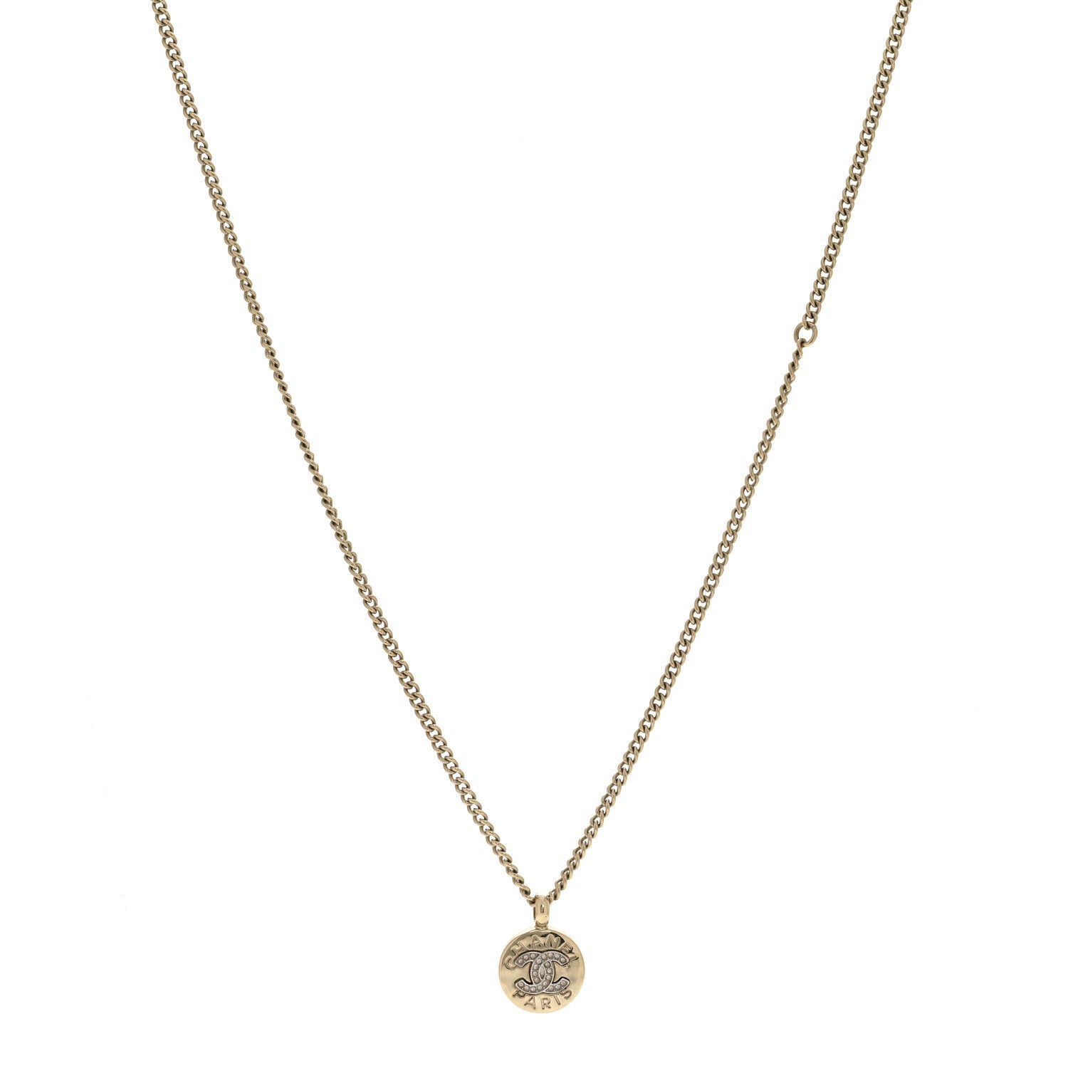Chanel Metal Crystal CC Round Pendant Necklace Gold 1 of 7