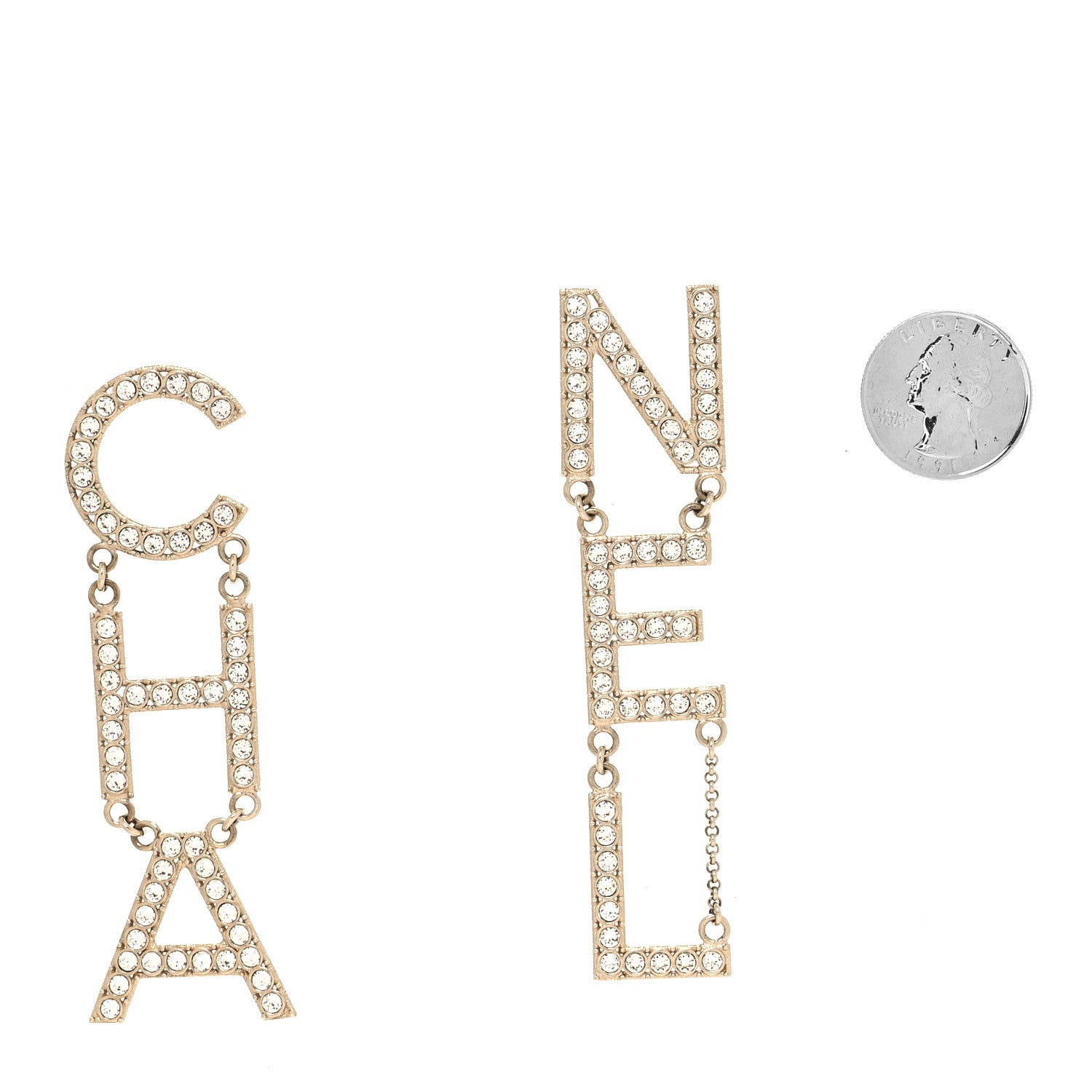 Chanel Crystal Cha-Nel Logo Drop Earrings Gold 2 of 4