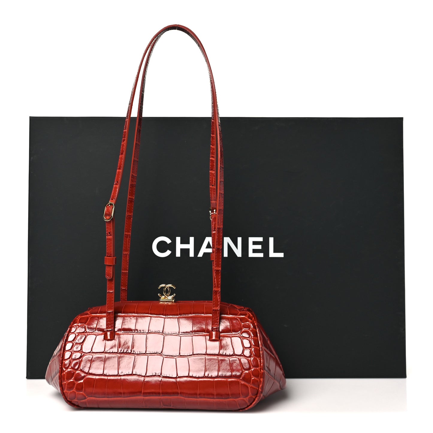 Calfskin Crocodile Embossed Pretty CC Clutch With Strap Bordeaux