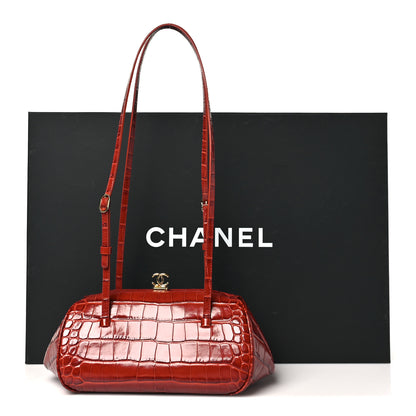 Chanel Calfskin Crocodile Embossed Pretty CC Clutch With Strap Bordeaux 11 of 11