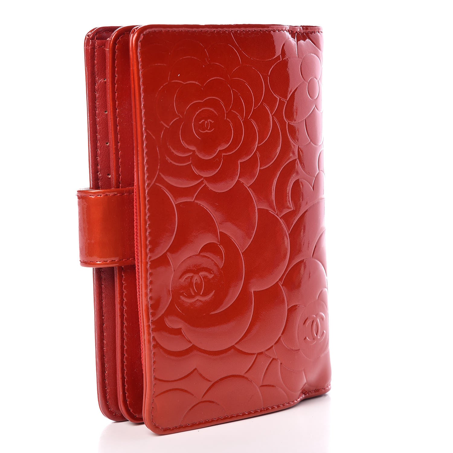 Chanel Patent Camellia Embossed Zipped Pocket Wallet Dark Red 3 of 13