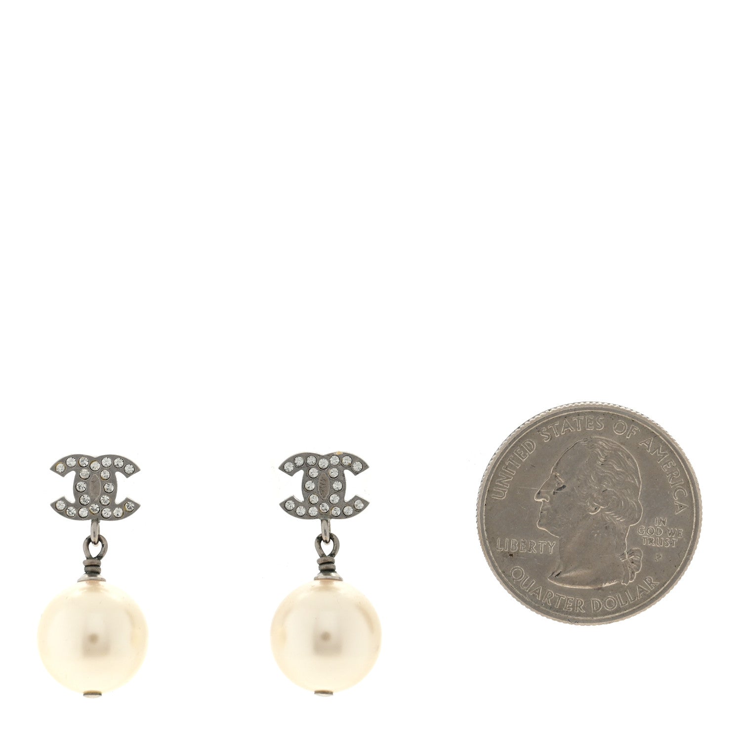 Chanel Crystal Pearl CC Drop Earrings Silver Pearly White 2 of 4