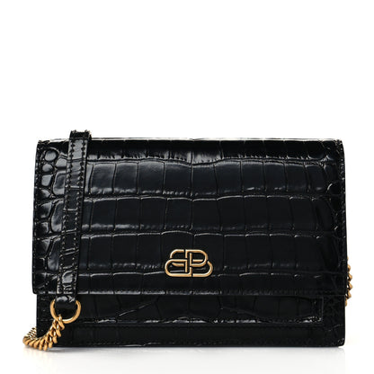 Balenciaga Shiny Calfskin Crocodile Embossed Sharp Crossbody Clutch Black 1 of 11