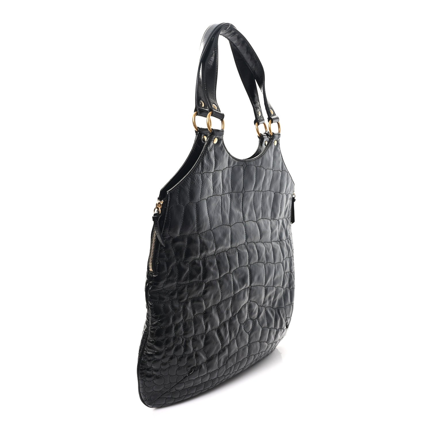 Saint Laurent Glazed Calfskin Crocodile Embossed Tribute Tote Black 3 of 12