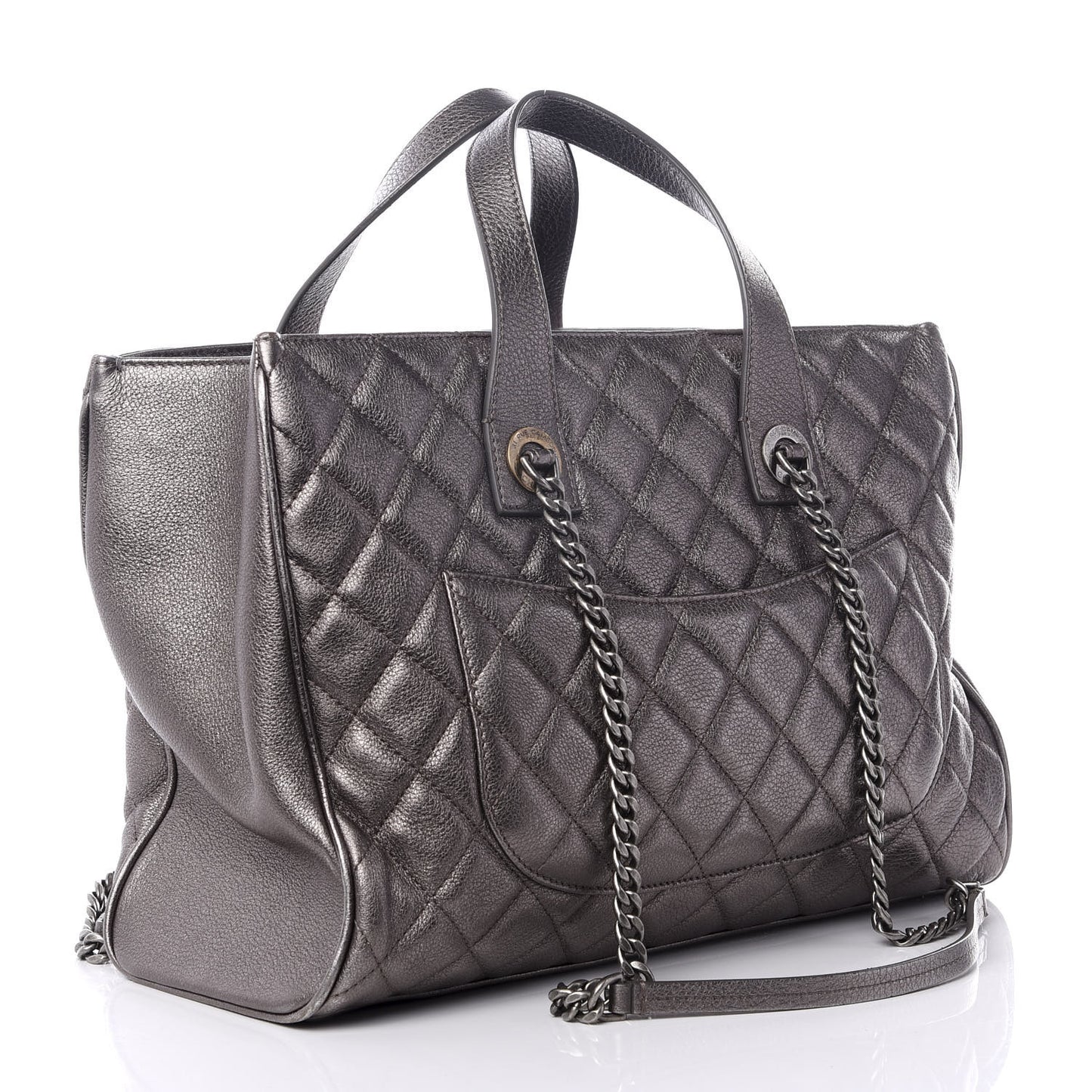 Metallic Grained Calfskin Quilted Large Casual Pocket Tote Silver