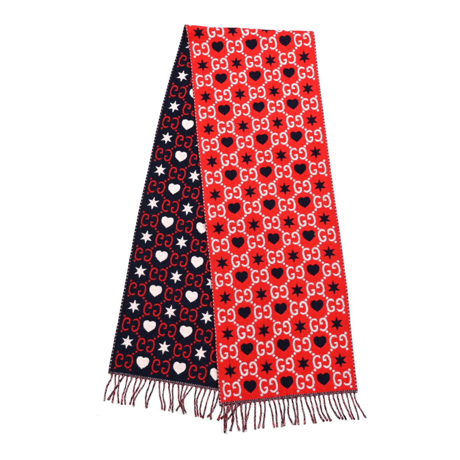 Gucci Wool Jacquard GG Monogram Hearts Scarf Red Blue 2 of 5