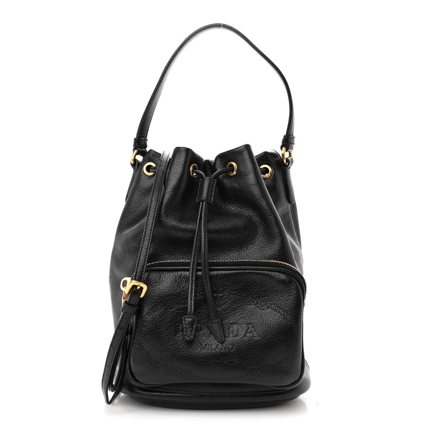 Glace Calfskin Embossed Secchiello Bucket Bag Black