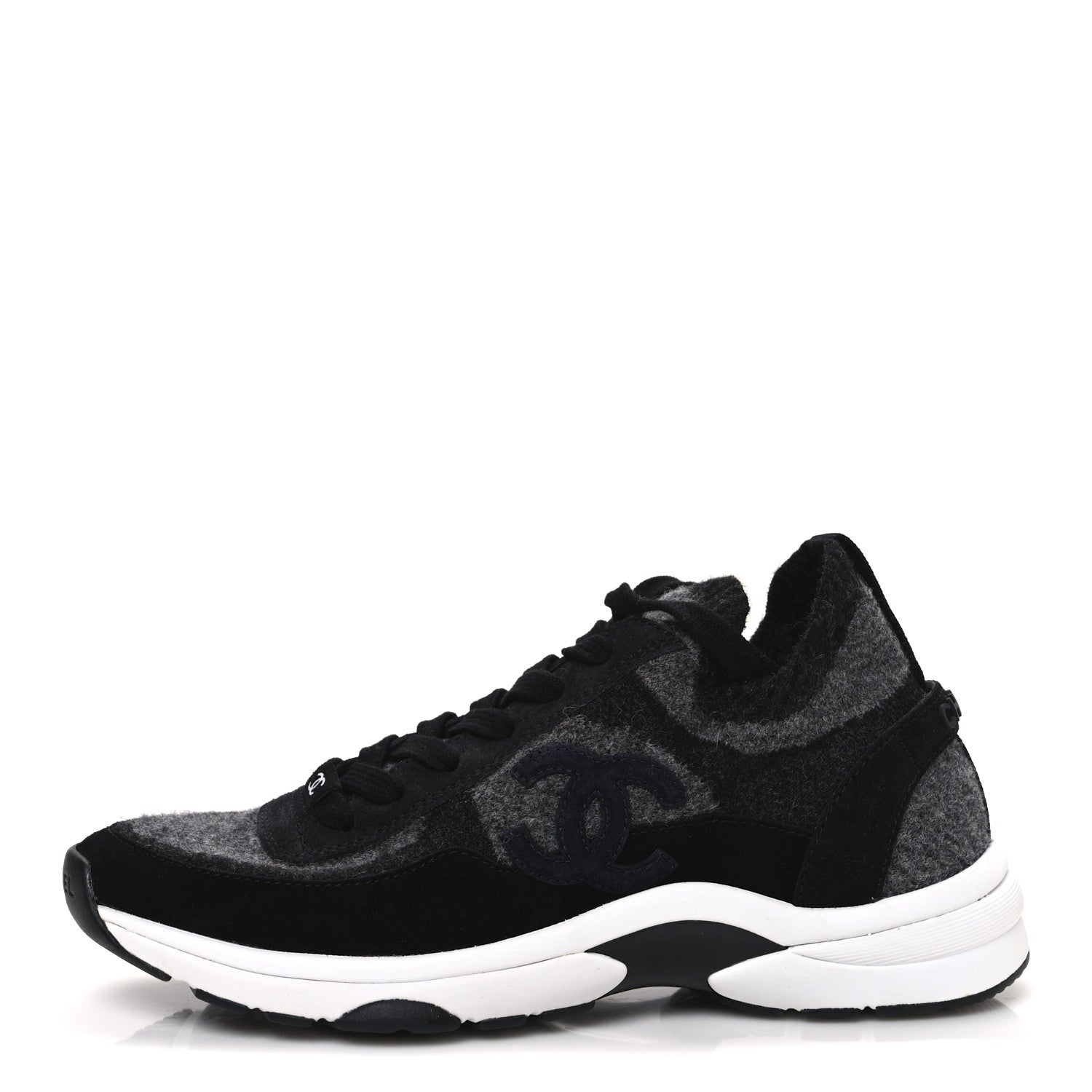 Chanel Knit Fabric Suede Calfskin Womens CC Sneakers 39 Black Grey 1 of 10