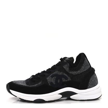 Chanel Knit Fabric Suede Calfskin Womens CC Sneakers 39 Black Grey 1 of 10