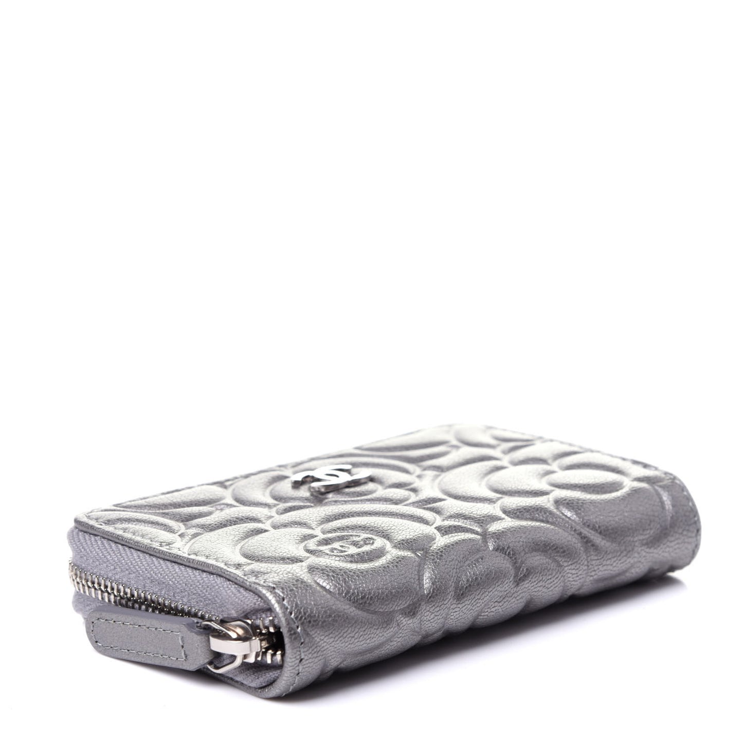 Goatskin Camellia Embossed Zip Coin Purse Silver