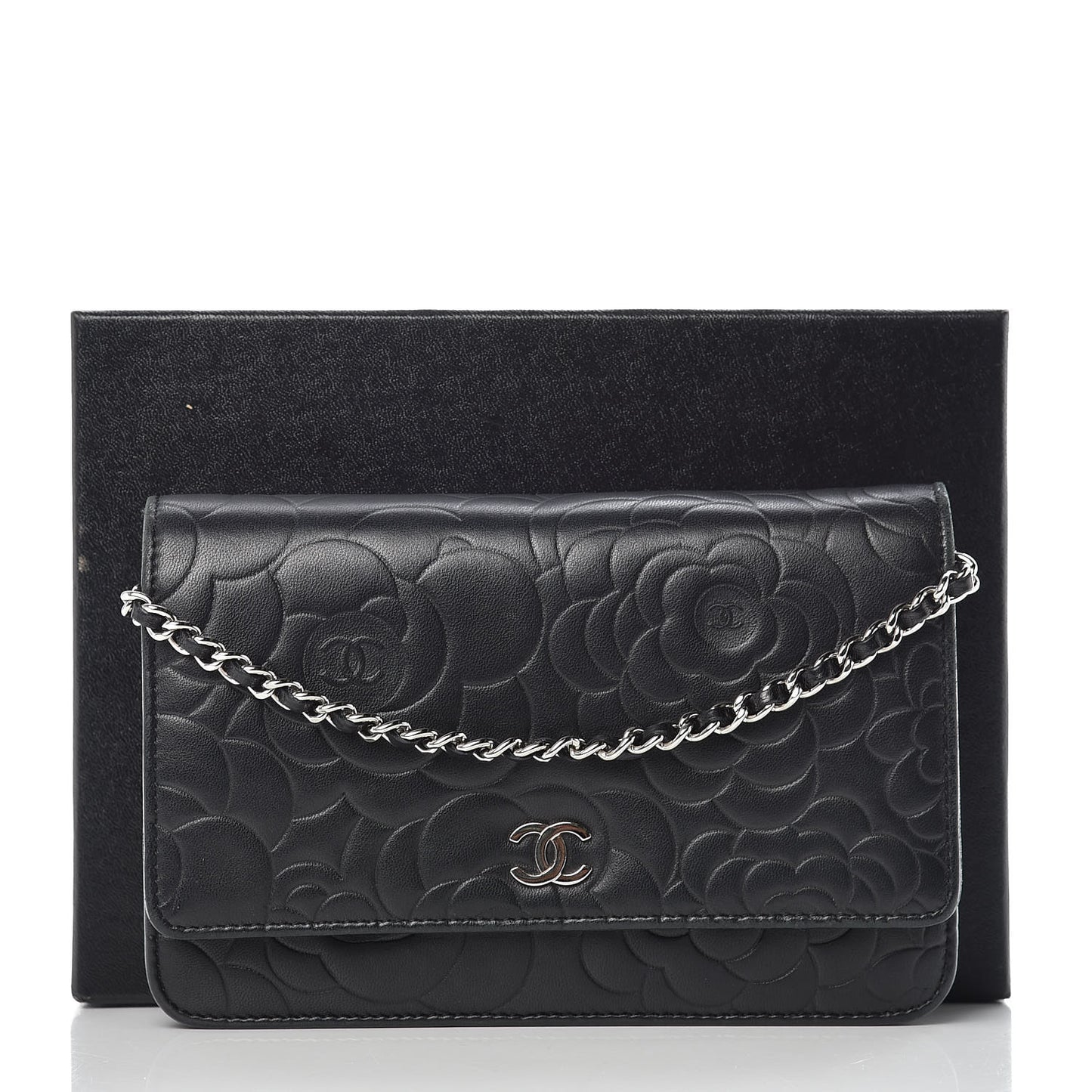 Lambskin Camellia Embossed Wallet On Chain WOC Black