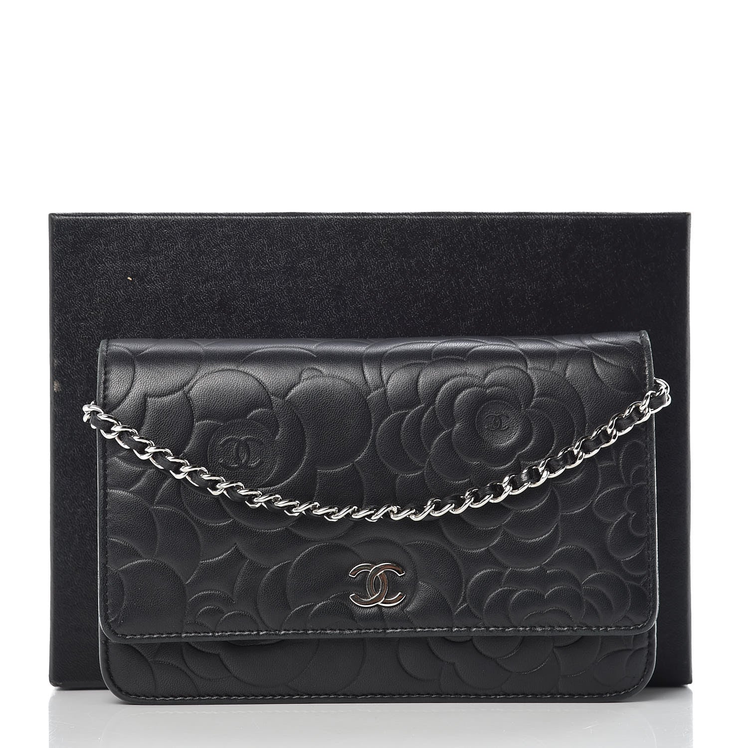 Chanel Lambskin Camellia Embossed Wallet On Chain WOC Black 18 of 18