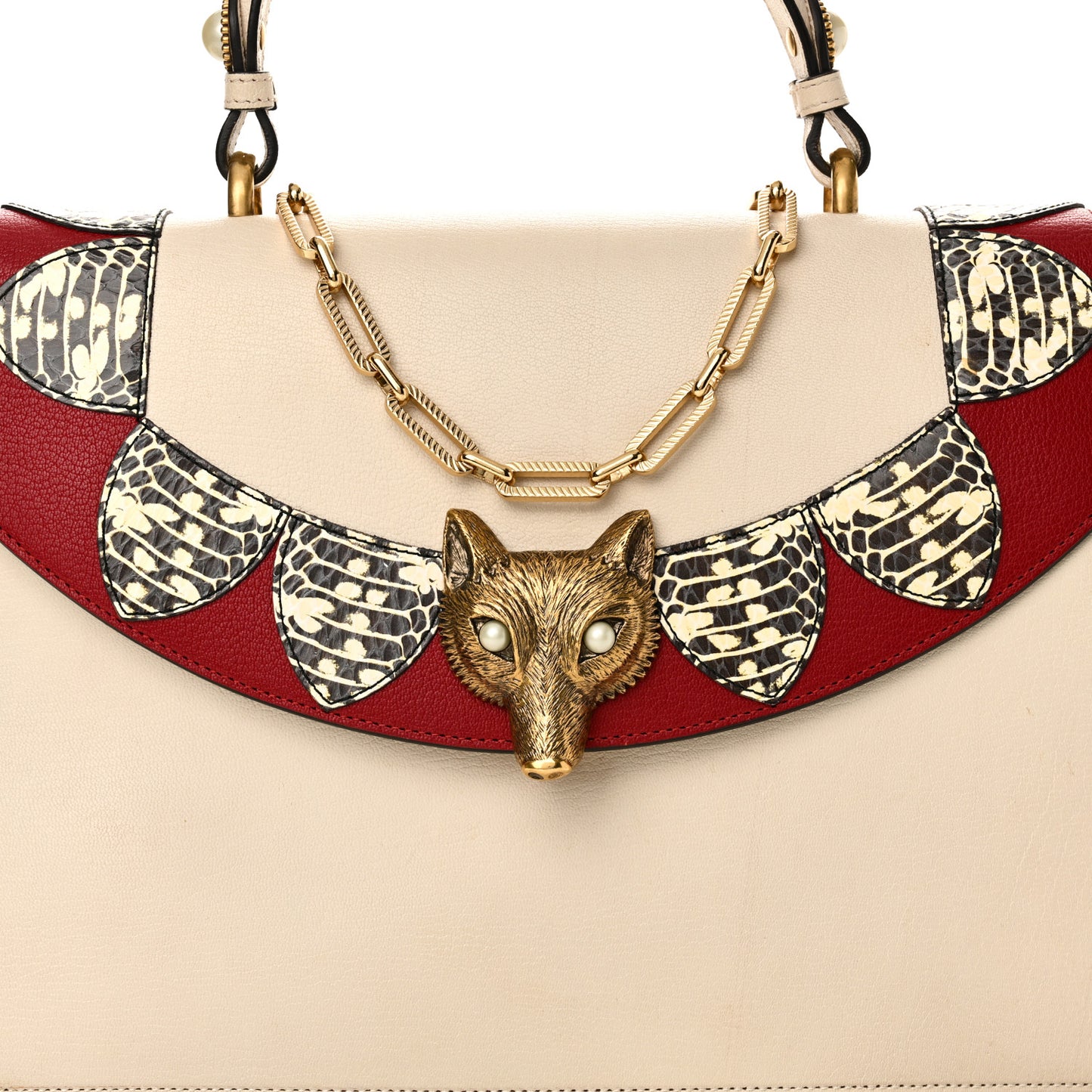 Goatskin Elaphe Pearl Medium Fox Broche Top Handle Bag Hibiscus Red Mystic White