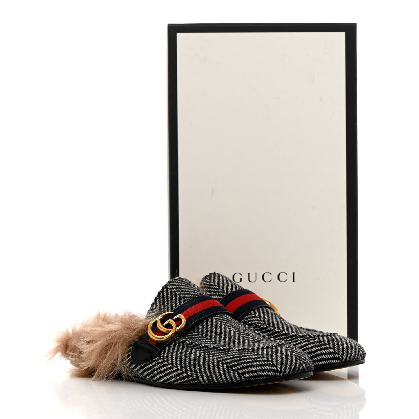 Herringbone Fur Web GG Mens Princetown Slippers 10 Black White