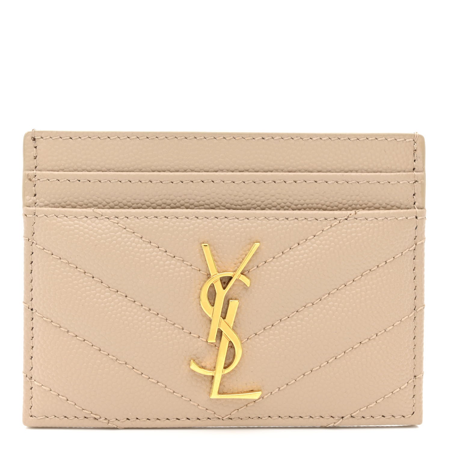 Saint Laurent Grain De Poudre Matelasse Chevron Monogram Credit Card Case Dark Beige 1 of 7