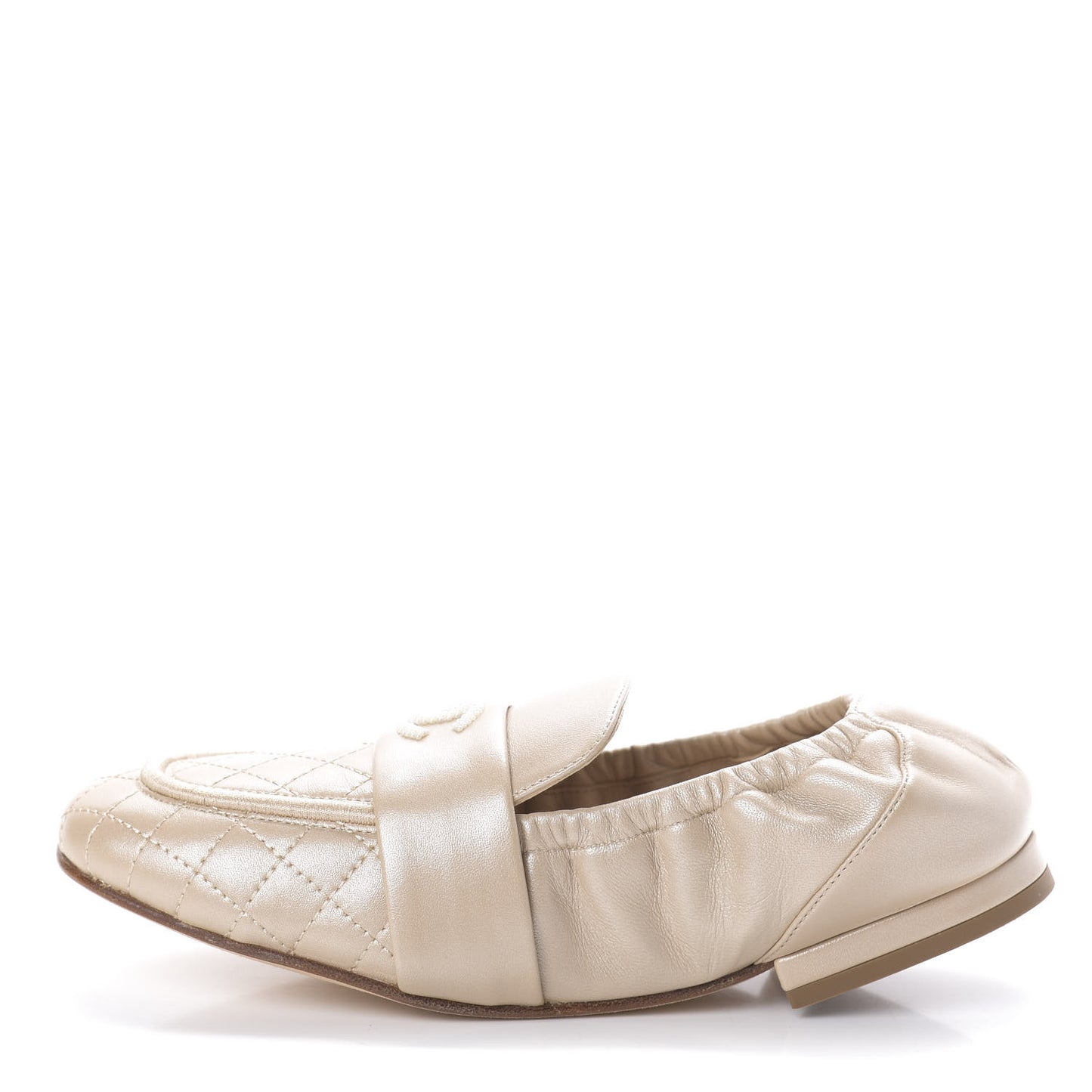 Laminated Lambskin Womens Quilted Elastic CC Moccasin Loafers 36 Beige