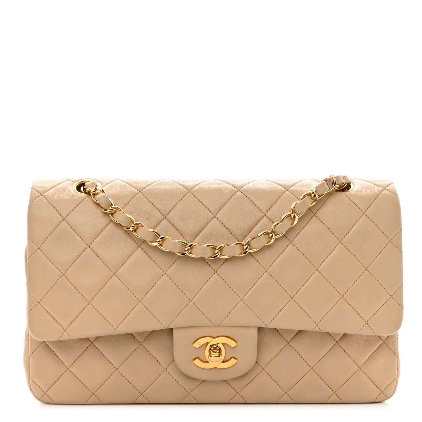 Lambskin Quilted Medium Double Flap Beige
