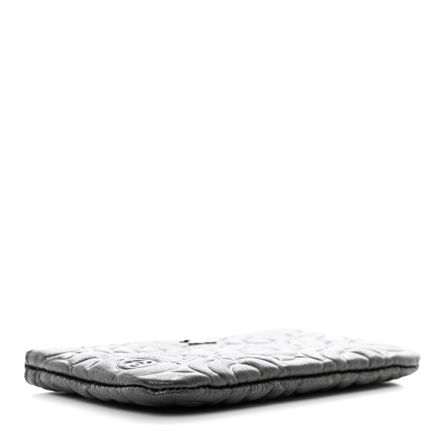 Goatskin Camellia Embossed Cosmetic Pouch Anthracite