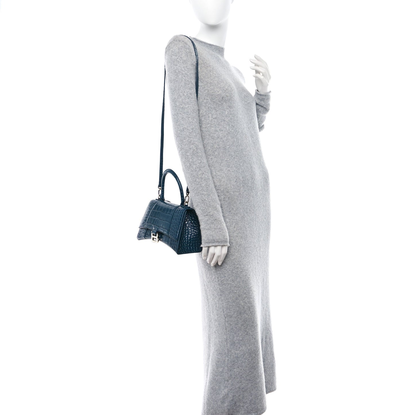 Shiny Calfskin Crocodile Embossed Small Hourglass Top Handle Bag Dark Petrol Blue