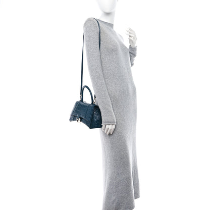 Balenciaga Shiny Calfskin Crocodile Embossed Small Hourglass Top Handle Bag Dark Petrol Blue 2 of 9