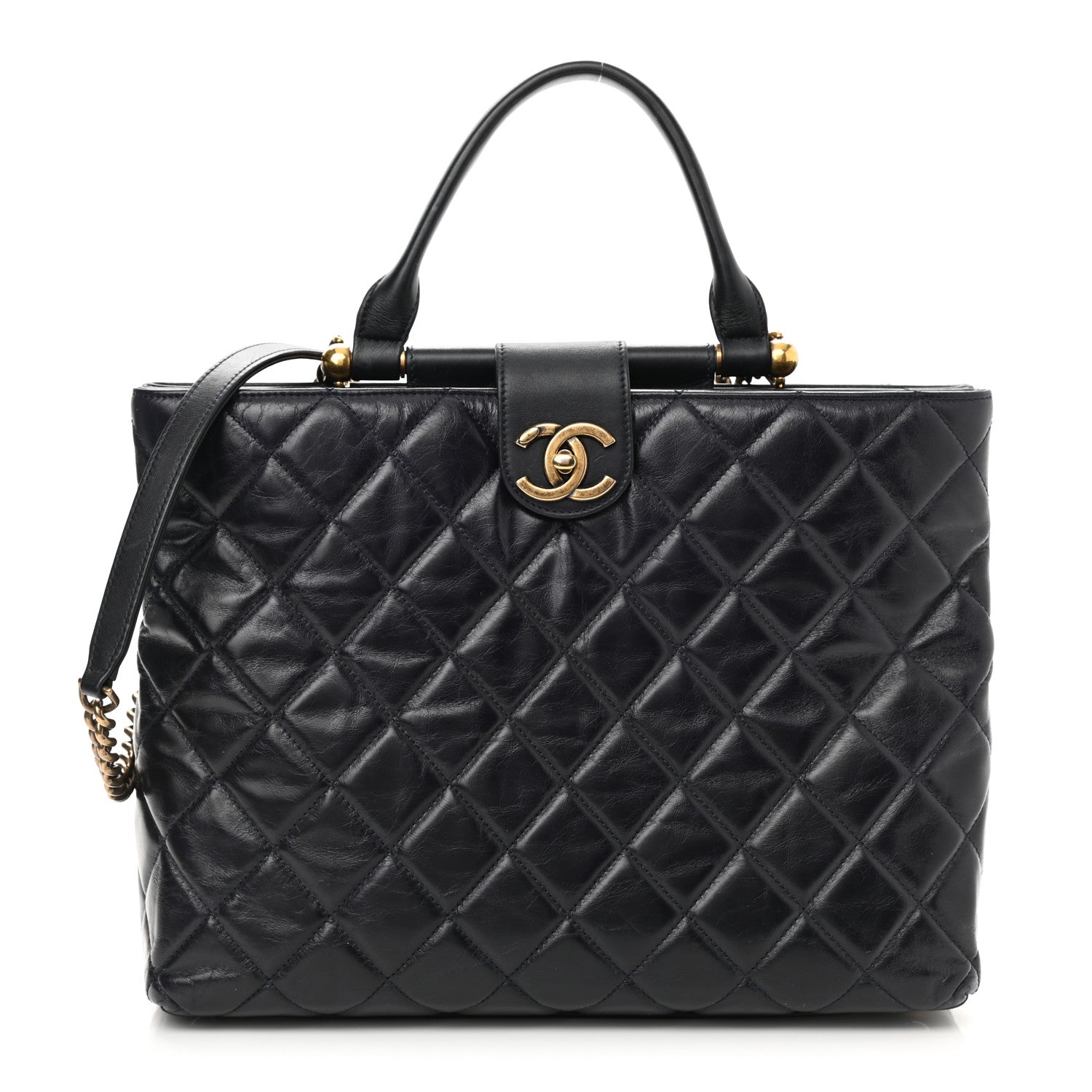 Chanel Calfskin Quilted Large Gold Bar Top Handle Tote Dark Navy Blue 1 of 11