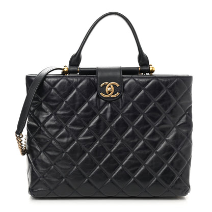 Chanel Calfskin Quilted Large Gold Bar Top Handle Tote Dark Navy Blue 1 of 11