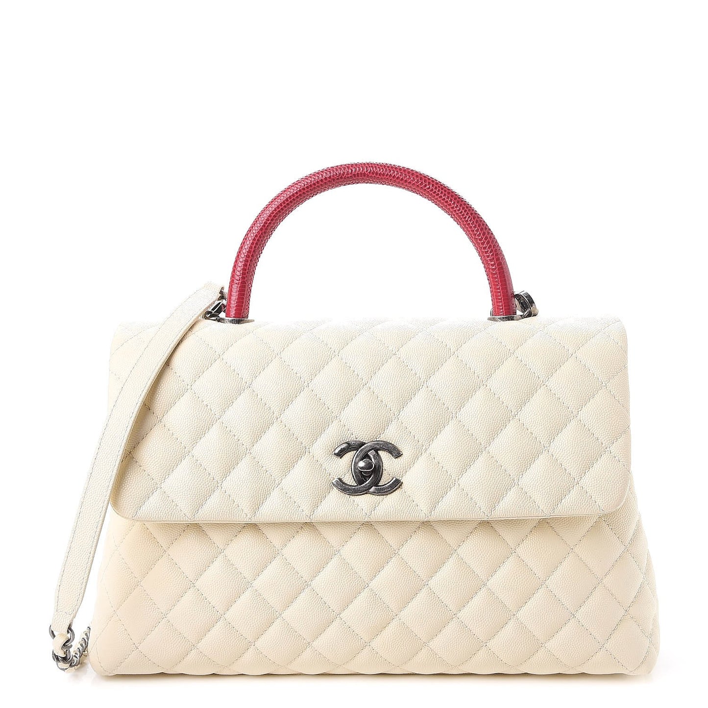 Caviar Lizard Quilted Medium Coco Handle Flap White