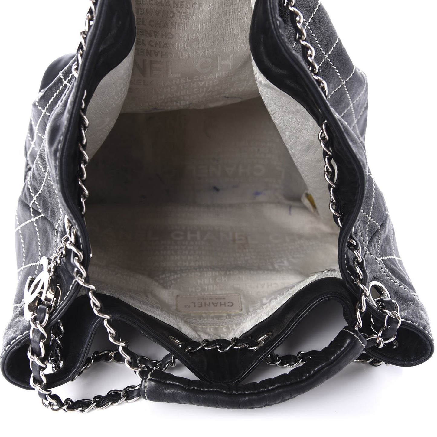Lambskin Contrast Stitch Large Drawstring Tote Black