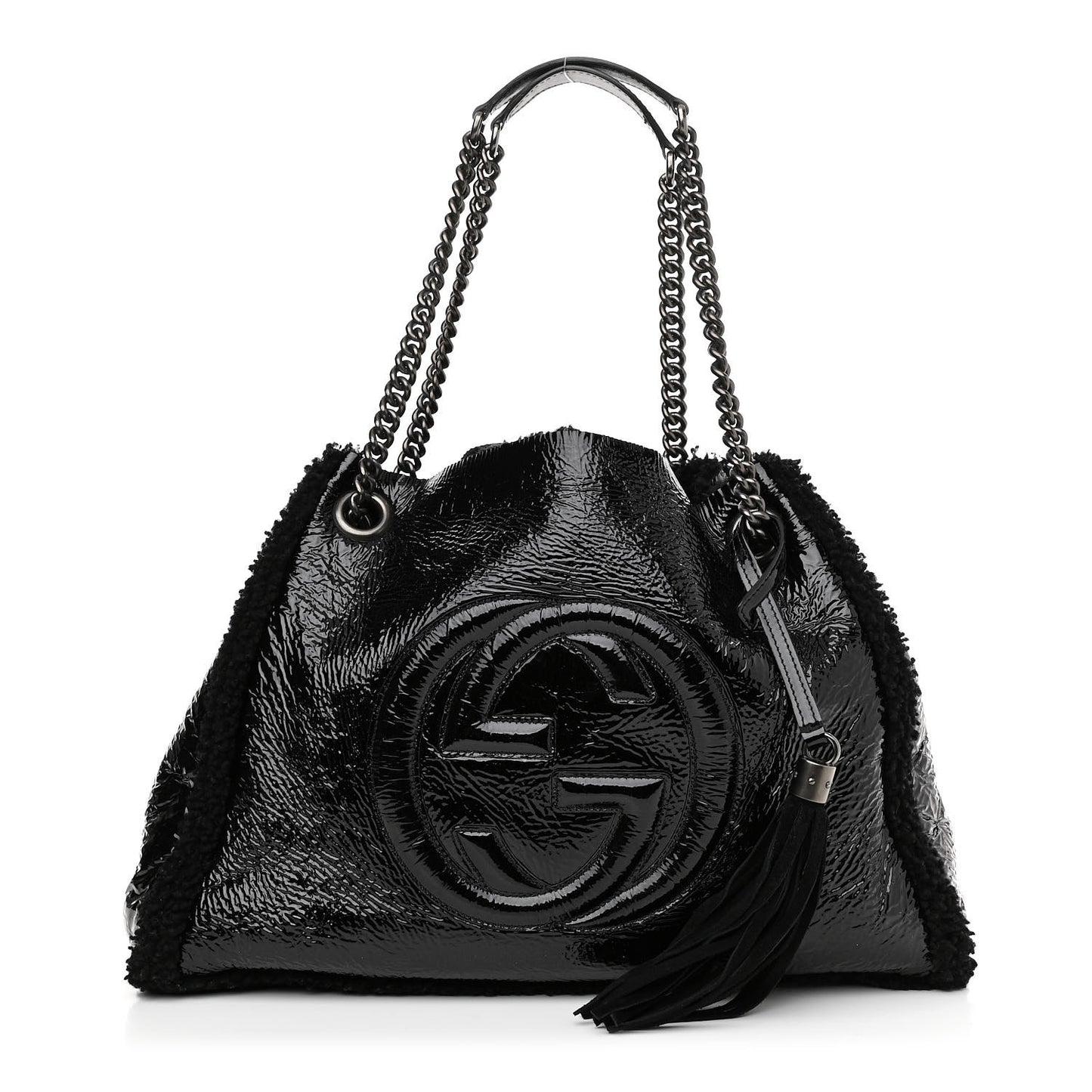 Patent Shearling Medium Soho Chain Shoulder Bag Black