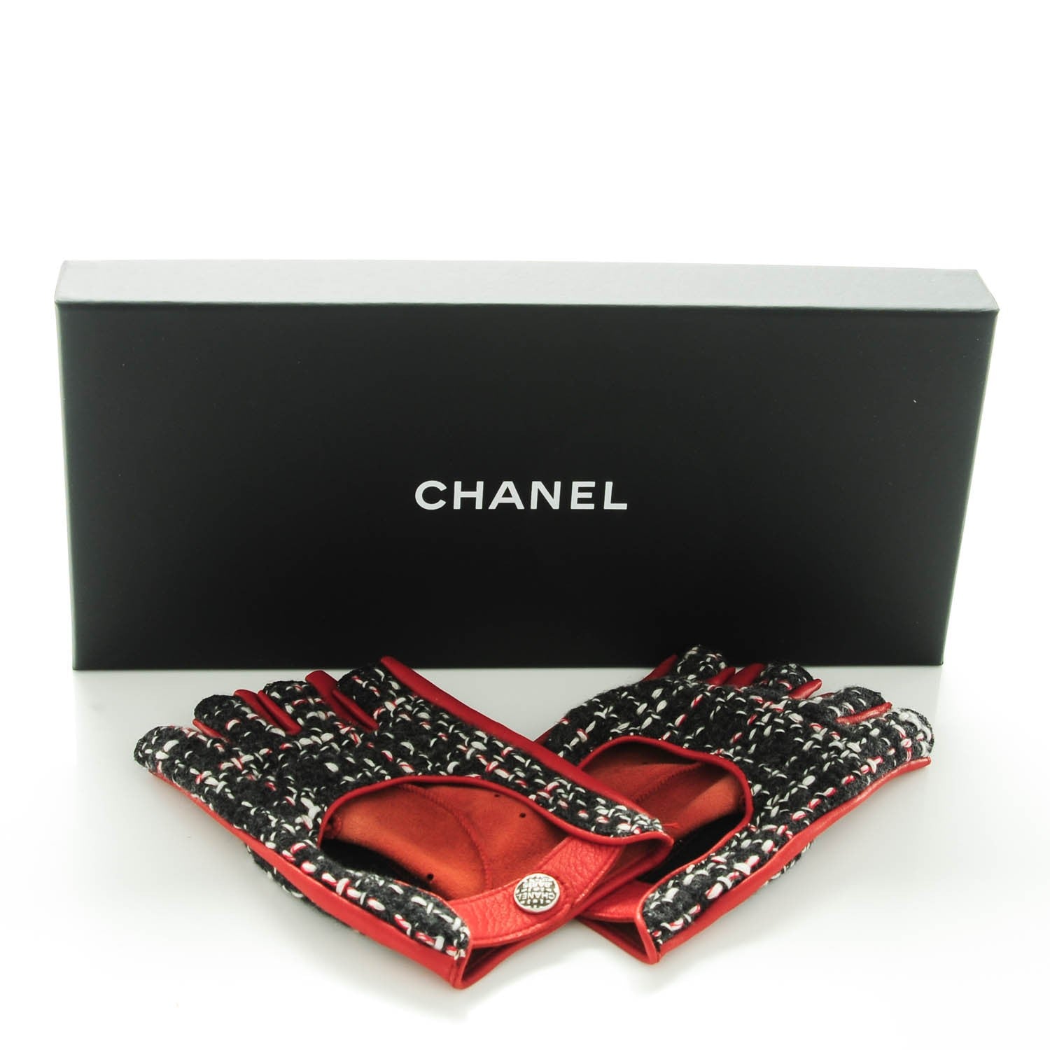Chanel Lambskin Fantasy Tweed Fingerless Gloves 8 Red Black 7 of 7