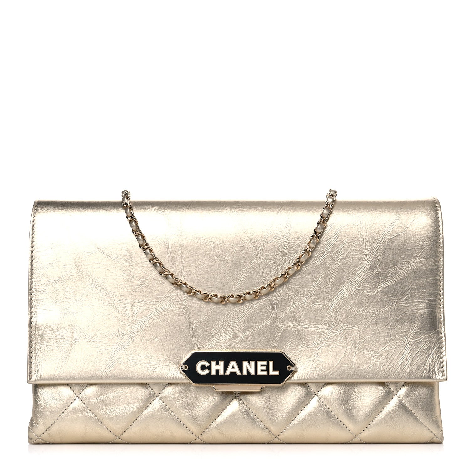Chanel Metallalized Calfskin Quilted Retro Label Clutch Light Gold 1 of 14