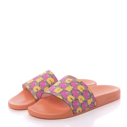 Gucci Rubber Monogram Strawberry Print Womens Slide Sandals 35 Orange 3 of 7