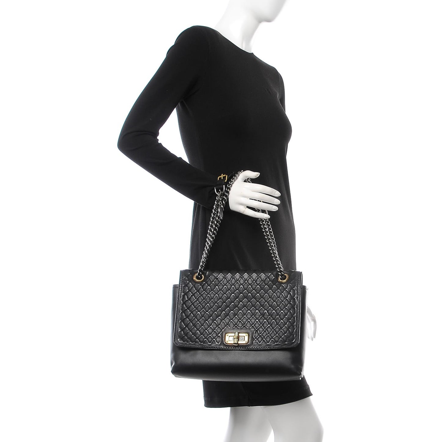 Hammered Calfskin Medium Happy Edgy Shoulder Bag Black