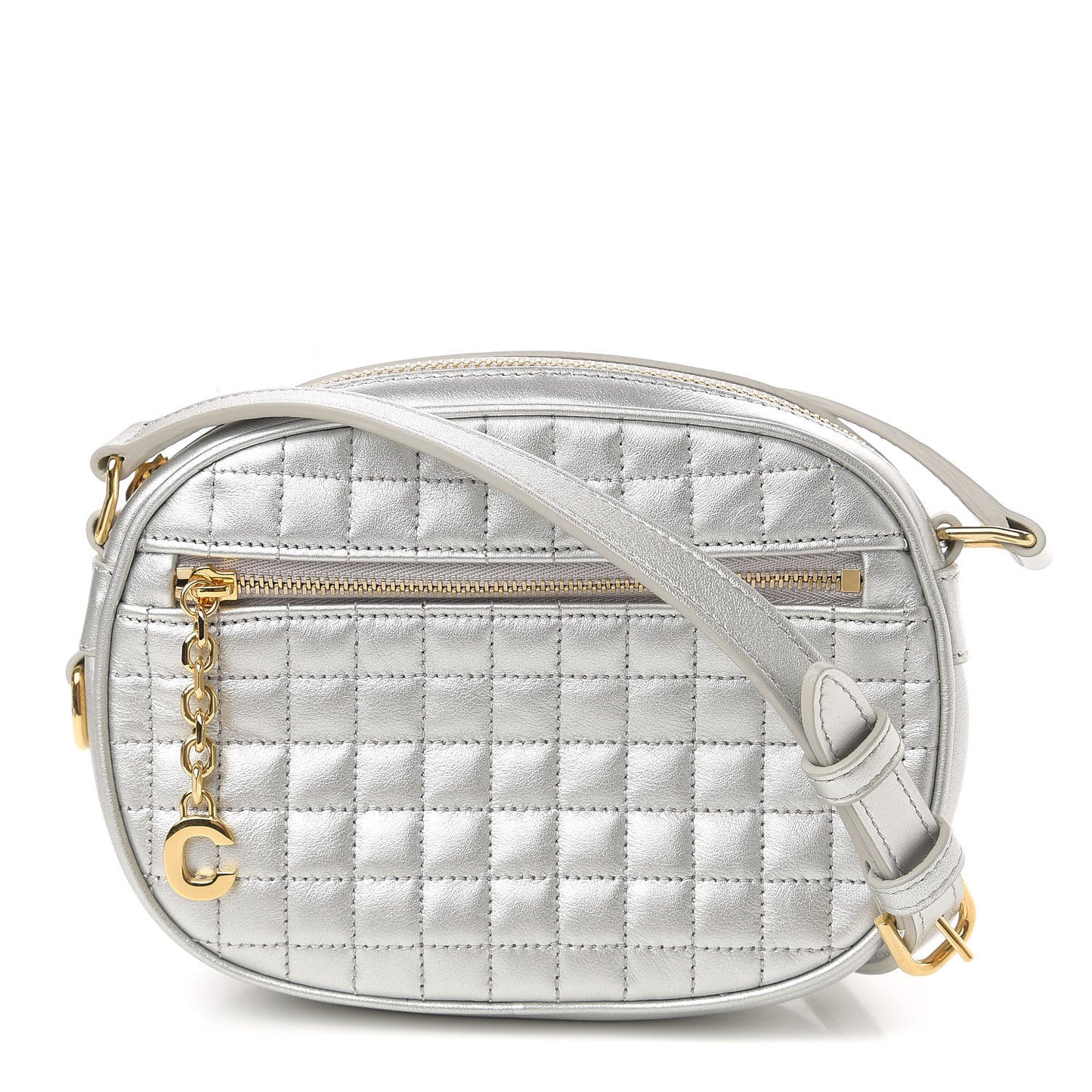Laminated Calfskin Quilted Small C Charm Bag Silver