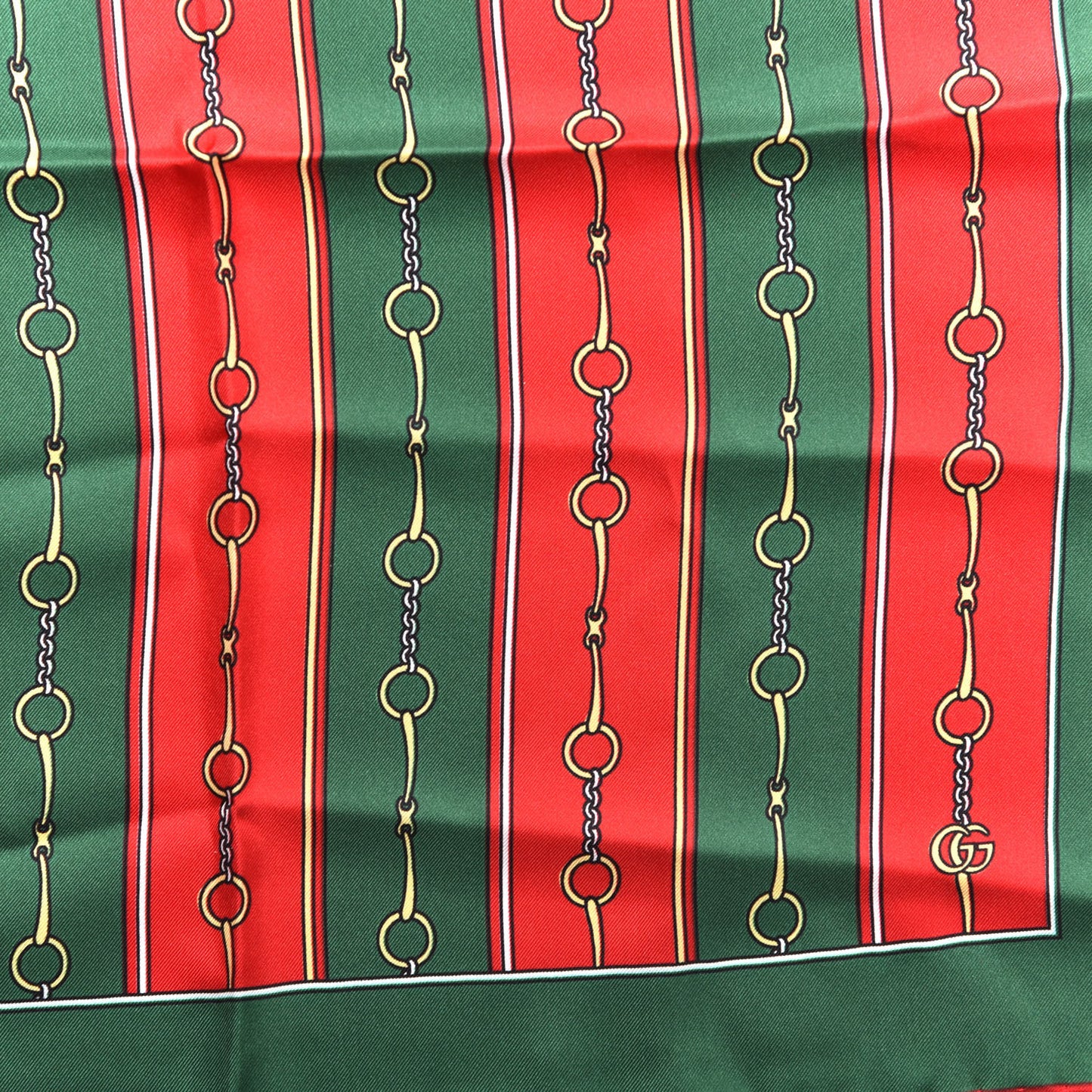 Silk Twill Horsebit Chain Print Pocket Square Handkerchief Green Red