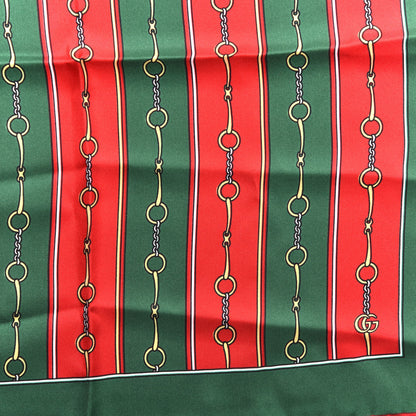 Gucci Silk Twill Horsebit Chain Print Pocket Square Handkerchief Green Red 2 of 4