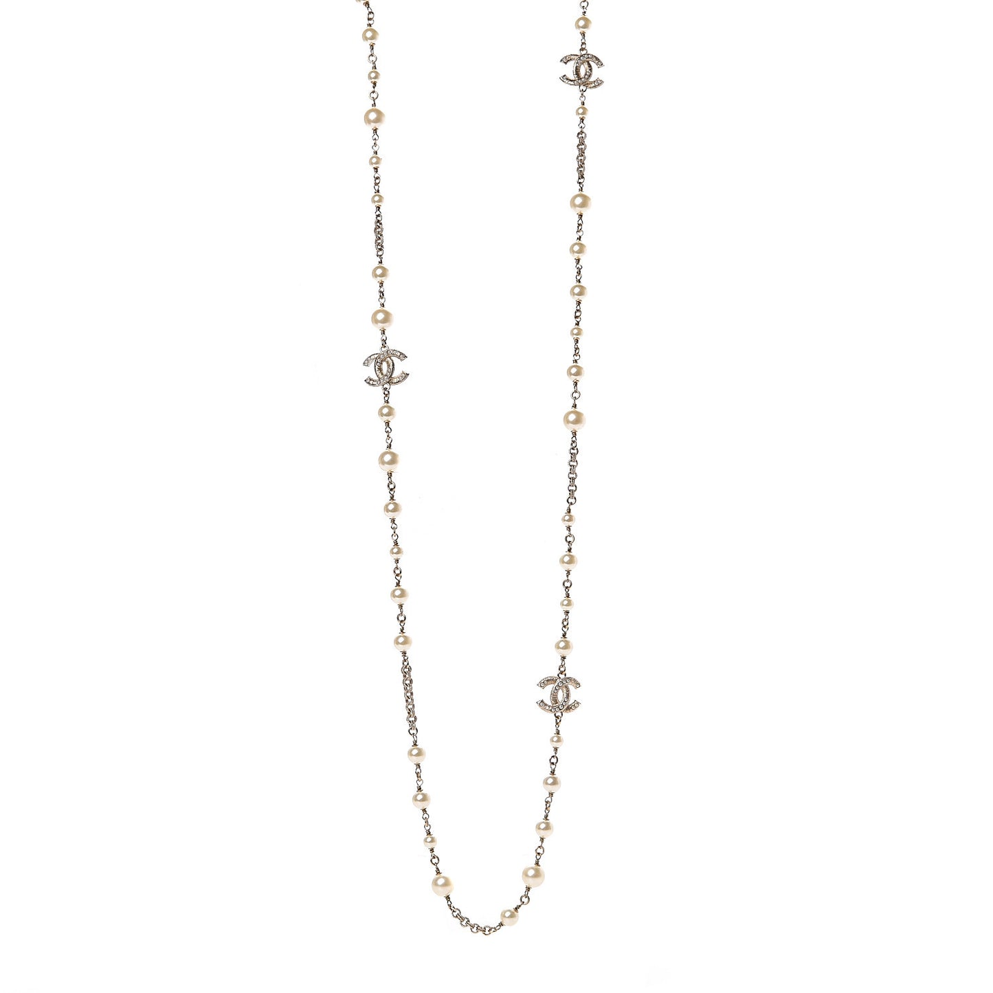 Crystal Pearl CC Long Necklace Gold