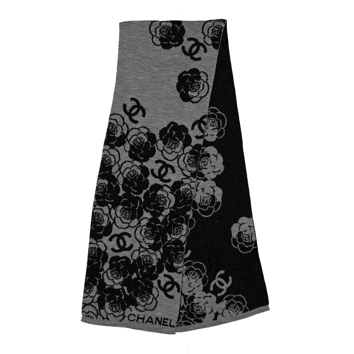 Chanel Wool Cashmere Viscose Metallic Fiber Camellia Scarf Black Grey 2 of 4